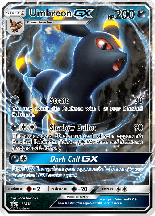 A Pokémon Umbreon GX (SM36) [Sun & Moon: Black Star Promos] card from the Sun & Moon series featuring Umbreon GX with 200 HP. The card includes three moves: "Strafe" (30 damage), "Shadow Bullet" (90 damage), and "Dark Call GX." The dynamic art shows Umbreon with glowing rings against a moonlit background. This Stage 1 evolution from Eevee is part of the Black Star Promos series.
