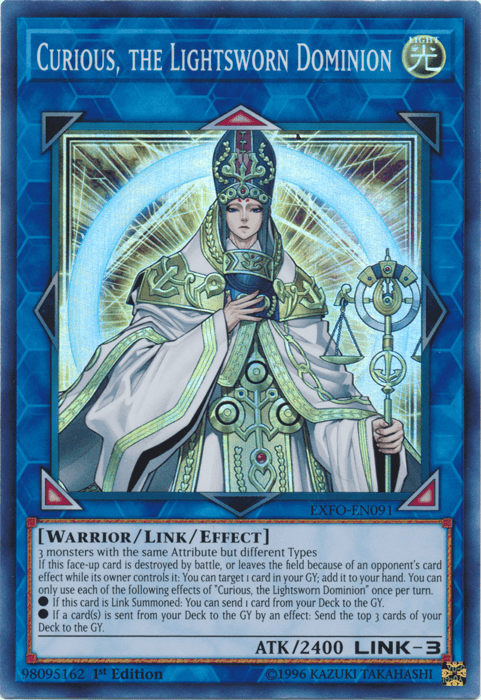 A Yu-Gi-Oh! trading card titled "Curious, the Lightsworn Dominion [EXFO-EN091] Super Rare" features an armored warrior with a glowing halo, adorned in green and white attire, wielding an ornate staff. The card’s blue borders boast intricate designs that frame text detailing the Link/Effect Monster’s abilities and its attack power of 2400.