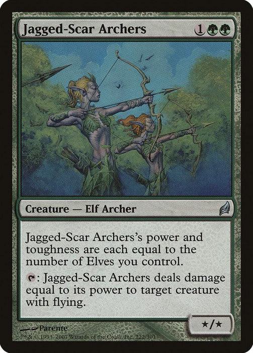 A fantasy trading card depicting an Elf Archer aiming a bow. Named "Jagged-Scar Archers [Lorwyn]," it has a mana cost of 1 generic and 2 green. The card text reads: "Jagged-Scar Archers's power and toughness are each equal to the number of Elves you control." Illustrated by Parente. This card is part of the Magic: The Gathering collection.