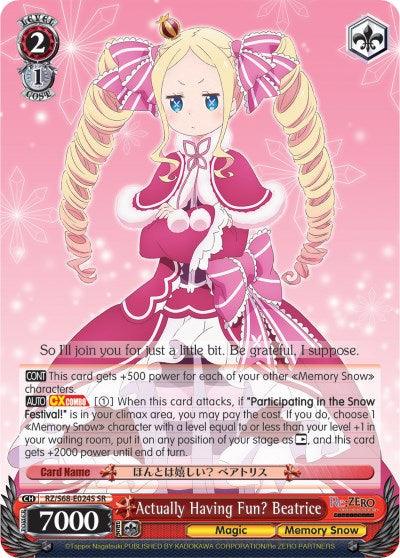 A colorful trading card featuring "Actually Having Fun? Beatrice (RZ/S68-E024S SR) [Re:ZERO Memory Snow]" from Bushiroad. This Super Rare card depicts Beatrice in an elaborate pink and white dress with bows and frills. The card includes various stats, effects, and magic abilities, boasting a 7000 attack power and a level of 2.