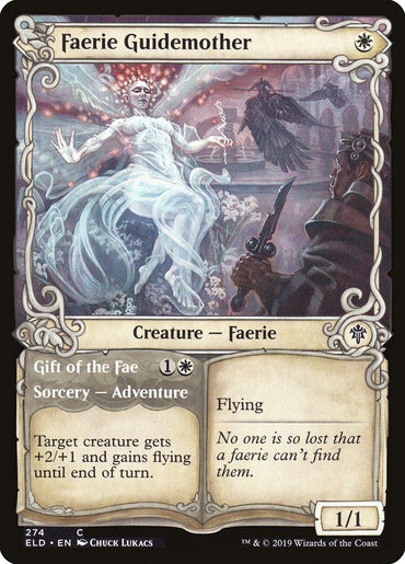 Magic: The Gathering's "Faerie Guidemother // Gift of the Fae (Showcase) [Throne of Eldraine]" card depicts a luminous faerie, captivating an observer. This enchanting card combines adventure with flying and power grants, featuring 1/1 strength and defense.