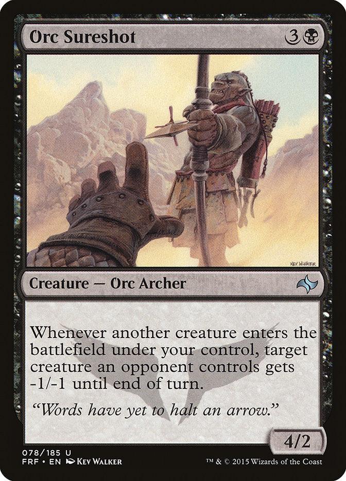 A Magic: The Gathering card titled Orc Sureshot [Fate Reforged] shows an orc archer drawing a bow amid rocky terrain. The card costs three generic and one black mana, and has 4 power and 2 toughness. It features an ability that gives an opponent’s creature -1/-1 until end of turn. Flavor text: “Words