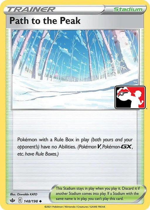 The image depicts an Uncommon Pokémon Trainer Stadium card titled "Path to the Peak (148/198) [Prize Pack Series One]." The artwork shows a snowy forest with a path cutting through the trees. The card disables abilities for Pokémon with a Rule Box for both players. The bottom text explains the card's mechanics in gameplay.