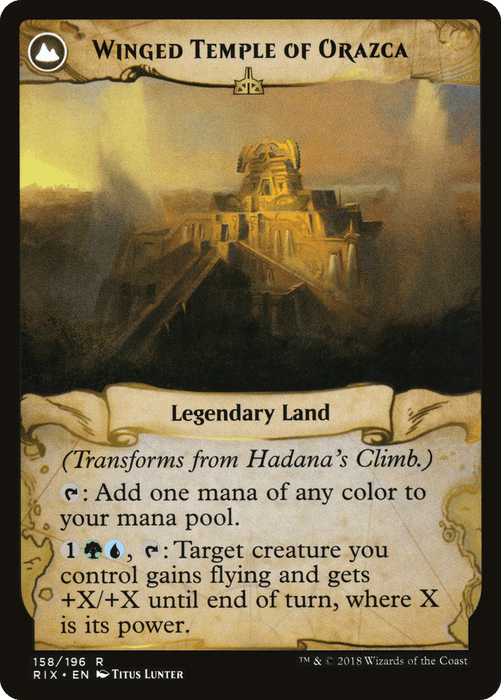 Magic: The Gathering card titled "Hadana's Climb // Winged Temple of Orazca [Secret Lair: From Cute to Brute]." This rare, legendary land card features an ancient, golden temple amid a misty landscape. It has abilities to add mana of any color and to give a creature flying and power/toughness boost.