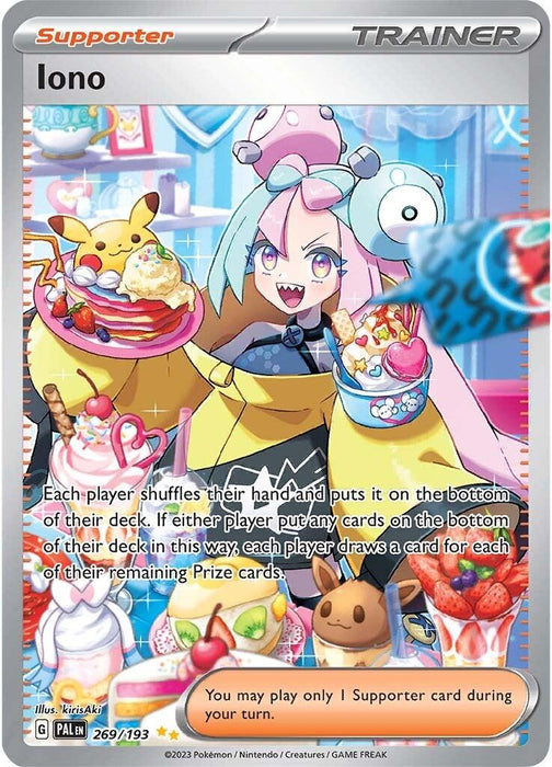 Illustration of Iono, a character from Pokémon Scarlet & Violet: Paldea Evolved, holding a tray with a mug and a fluffy dessert in a bright, colorful setting with food and Pokémon. Text reads: "Each player shuffles their hand and puts it on the bottom of their deck. If either does, they draw for each remaining Prize card." Special Illustration Rare Supporter card (Iono (269/193) [Scarlet & Violet: Paldea Evolved]) by Pokémon.