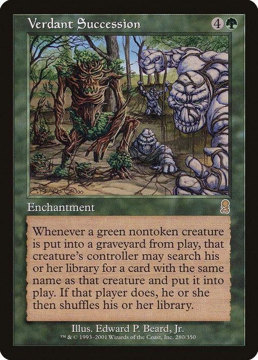 Magic: The Gathering product "Verdant Succession [Odyssey]" from the Odyssey set features vivid artwork of an entanglement of trees and stone creatures. This Enchantment card costs 4G to cast, and when a green nontoken creature dies, a replacement can be fetched from the library.