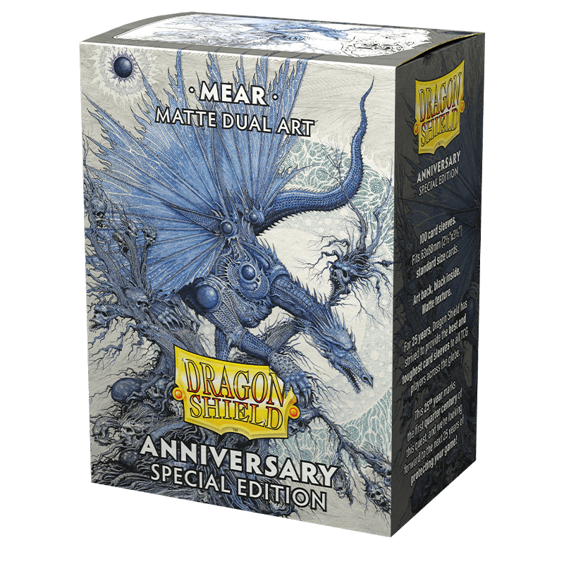 A rectangular product box featuring blue, fantasy-style dragon artwork for Dragon Shield: Standard 100ct Sleeves - Special Anniversary - Mear (Dual Matte). The box is labeled "Arcane Tinmen," "MATTE DUAL ART," and "ANNIVERSARY SPECIAL EDITION" in yellow and white text. The intricate line details depict a dragon surrounded by mythical elements, perfect for TCG cards.