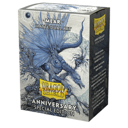 A rectangular product box featuring blue, fantasy-style dragon artwork for Dragon Shield: Standard 100ct Sleeves - Special Anniversary - Mear (Dual Matte). The box is labeled "Arcane Tinmen," "MATTE DUAL ART," and "ANNIVERSARY SPECIAL EDITION" in yellow and white text. The intricate line details depict a dragon surrounded by mythical elements, perfect for TCG cards.