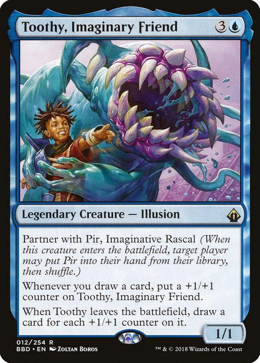 A Magic: The Gathering card titled ***Toothy, Imaginary Friend [Battlebond]*** from the ***Magic: The Gathering*** set showcases a boy with a huge, blue legendary creature. The monstrous Toothy has long claws, tentacles, and fanged jaws open wide. Its abilities include gaining +1/+1 counters when drawing cards. Artwork by Zoltan Boros.