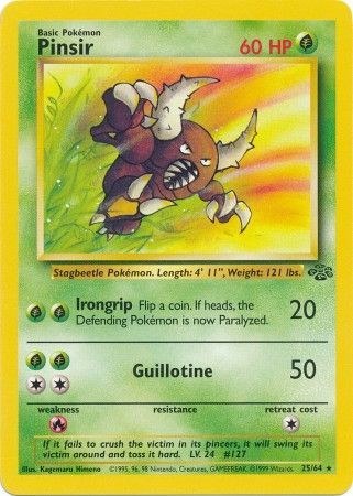 A rare card from the Pokémon Jungle Unlimited series showcases Pinsir (25/64) with 60 HP. It features two abilities: Irongrip, which inflicts 20 damage, and Guillotine, delivering 50 damage. The intricate artwork highlights Pinsir's massive pincers amidst a verdant forest scene, along with its weaknesses and retreat cost.