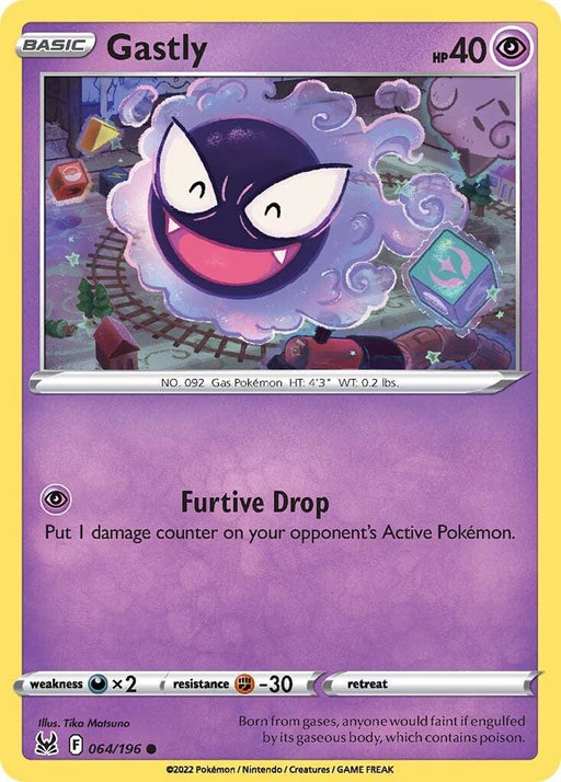Pokémon Gastly (064/196) [Sword & Shield: Lost Origin] card, featuring a ghostly, round Psychic Pokémon with a wide smile and large eyes surrounded by a purple, misty aura. It’s depicted in a spooky setting with gravestones. Part of the Sword & Shield series, it has 40 HP, a Furtive Drop attack, and displays info such as weakness, resistance, and retreat cost.
