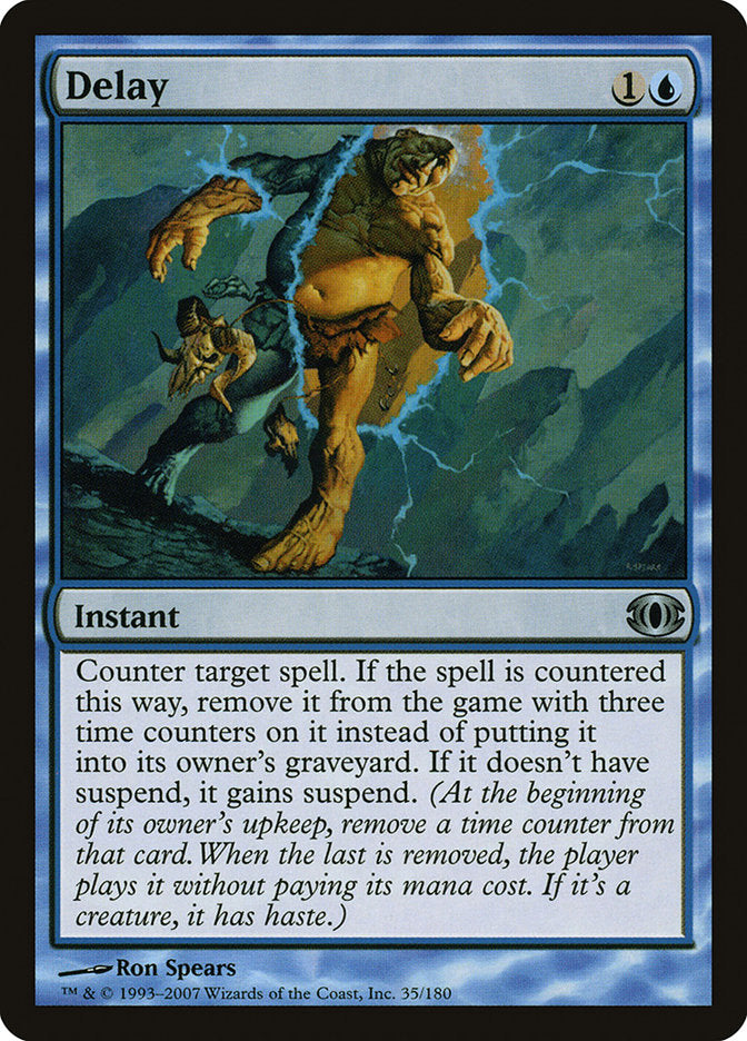 The Magic: The Gathering card "Delay" from the Future Sight set showcases an illustration of two enormous humanoid figures standing in a storm, brightly lit by flashes of lightning. This Instant card requires one colorless mana and one blue mana to cast. It has the ability to counter a targeted spell, putting it on hold with three suspend counters. The artwork is by Ron Spears.