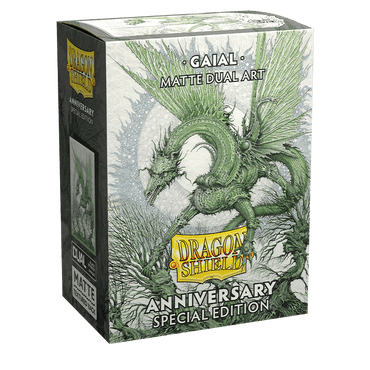 A box of Dragon Shield: Standard 100ct Sleeves - Special Anniversary - Gaial (Dual Matte) by Arcane Tinmen, featuring an illustration of a green, intricately detailed dragon with large wings. The box is labeled “GAIAL Matte Dual Art” and “ANNIVERSARY SPECIAL EDITION.” The design is ornate and resembles fantasy-style artwork, perfect for protecting your TCG cards.