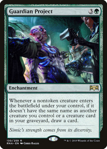 The image is of a Magic: The Gathering card titled "Guardian Project [Ravnica Allegiance]" from the Magic: The Gathering set. This rare enchantment card has a casting cost of 3 and a green mana. The artwork depicts a figure surrounded by scientists in a laboratory, and the text box describes an effect about drawing a card.