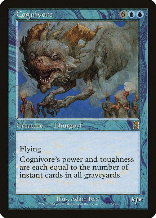 A rare Magic: The Gathering card from the Odyssey set, Cognivore [Odyssey] features blue borders. This Creature — Lhurgoyf has a flying ability, with its power and toughness equal to the number of instant cards in all graveyards. Illustrated by Adam Rex, it depicts a monstrous creature poised for battle.