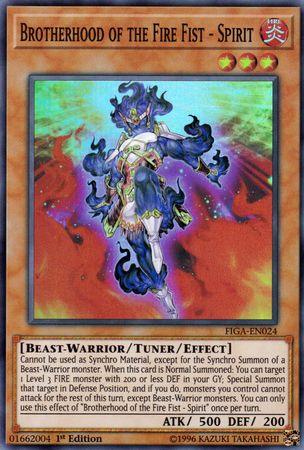 The "Brotherhood of the Fire Fist - Spirit [FIGA-EN024] Super Rare" card from Yu-Gi-Oh!'s "Fists of the Gadgets" set features a fierce, fire-themed warrior with glowing blue flames, wielding a weapon. This Effect Monster is classified as a Beast-Warrior/Tuner and possesses 500 attack and 200 defense points.