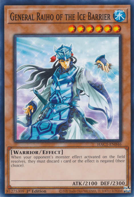A common "Yu-Gi-Oh!" trading card titled "General Raiho of the Ice Barrier [HAC1-EN046] Common" from Hidden Arsenal: Chapter 1. This Effect Monster features an armored warrior with long black hair and a determined expression. He wears a turquoise and white outfit with ice motifs, wielding a weapon surrounded by glowing icy mist. The card's stats are ATK 2100 and DEF 2300.