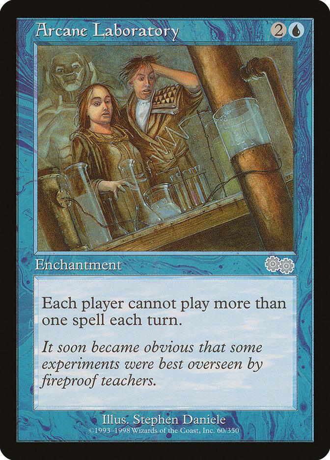 A Magic: The Gathering product titled "Arcane Laboratory [Urza's Saga]." This blue enchantment from Urza's Saga costs 2 colorless and 1 blue mana. The artwork depicts a wizard conducting experiments. The text reads, "Each player cannot play more than one spell each turn." Flavor text: "It soon became obvious that some experiments were best overseen by fireproof teachers." Illustrated by Stephen Dan