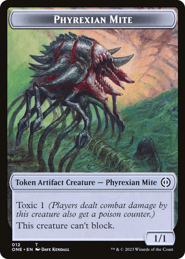 A trading card titled "Phyrexian Mite (012) // The Hollow Sentinel Double-Sided Token [Phyrexia: All Will Be One Tokens]" from Magic: The Gathering depicts a many-legged, insect-like creature with a grotesque, spiky body standing in a dark, eerie landscape. Text on the card mentions it as a "Token Artifact Creature - Phyrexian Mite" with "Toxic 1" ability and states, "This creature can't block." Phyrexia tokens bring this unsettling