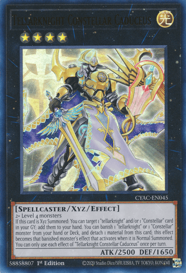 The Yu-Gi-Oh! trading card "Tellarknight Constellar Caduceus [CYAC-EN045] Ultra Rare" features an armored, white-robed spellcaster wielding a golden staff with an orb. This Xyz/Effect Monster boasts 4 yellow stars, ATK 2500, and DEF 1650. Various effects are described in text from the Cyberstorm Access series.