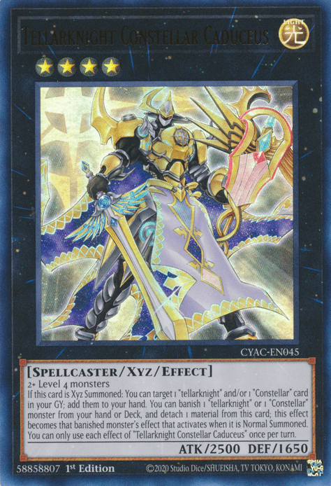 The Yu-Gi-Oh! trading card "Tellarknight Constellar Caduceus [CYAC-EN045] Ultra Rare" features an armored, white-robed spellcaster wielding a golden staff with an orb. This Xyz/Effect Monster boasts 4 yellow stars, ATK 2500, and DEF 1650. Various effects are described in text from the Cyberstorm Access series.