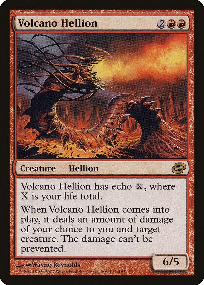 A Magic: The Gathering trading card titled "Volcano Hellion [Planar Chaos]" presents a dramatic, fiery scene featuring a large, serpentine creature emerging from molten lava amidst sharp volcanic peaks. The card details the Creature — Hellion's attributes, including its echo cost and its unique ability to deal damage equal to your life total. Its power/toughness is 6/5.