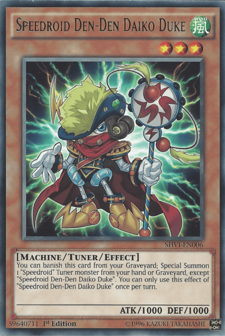 A Yu-Gi-Oh! card titled "Speedroid Den-Den Daiko Duke [SHVI-EN006] Rare." This Tuner Monster features an orange and turquoise robot character with a green scarf, wielding a drum stick and a celestial drum. The card text, found in the Shining Victories set, describes its special summoning effect and tuner capabilities. It has 1000 ATK and 1000 DEF.
