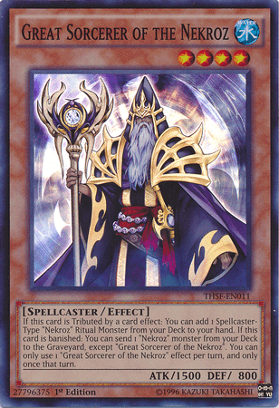 A Yu-Gi-Oh! trading card titled "Great Sorcerer of the Nekroz [THSF-EN011] Super Rare" showcases an elderly spellcaster holding a red orb-topped staff. This 1st edition Effect Monster features ATK 1500, DEF 800, and specializes in summoning Nekroz Ritual Monsters with its water attribute.
