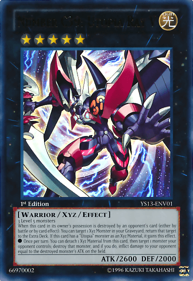 A Yu-Gi-Oh! trading card titled "Number C39: Utopia Ray V [YS13-ENV01] Ultra Rare." This Xyz Monster features a futuristic warrior with white, black, and gold armor, wielding a large sword with wings and an aura. The Ultra Rare card text specifies it as a Warrior/Xyz/Effect type with an ATK of 2600 and DEF of 2000. The card border is