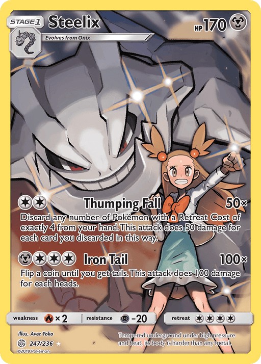 A Steelix (247/236) [Sun & Moon: Cosmic Eclipse] from Pokémon features Steelix, a large, metal snake-like creature. Below Steelix is Jasmine, a girl with orange hair tied in pigtails, a white dress, and an orange vest. This Secret Rare card details Steelix's 170 HP and its moves: Thumping Fall and Iron Tail.