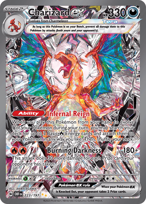 An illustrated Pokémon trading card featuring **Charizard ex (223/197) [Scarlet & Violet: Obsidian Flames]** by Pokémon, with 330 HP. The card's design includes dynamic red and orange artwork of Charizard ex. With abilities "Infernal Reign" and "Burning Darkness," it's a Special Illustration Rare labeled as card 223/197 from Scarlet & Violet: Obsidian Flames.