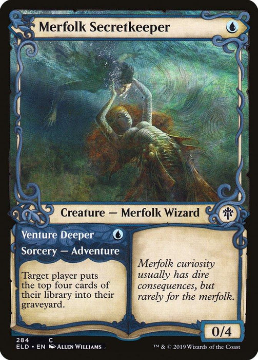 Magic: The Gathering card titled "Merfolk Secretkeeper // Venture Deeper (Showcase) [Throne of Eldraine]," a Merfolk Wizard cradling a human in an enchanting underwater scene. The card features blue tones and intricate borders. Text: "Venture Deeper - Target player puts the top four cards of their library into their graveyard." Power/Toughness: 0/4.