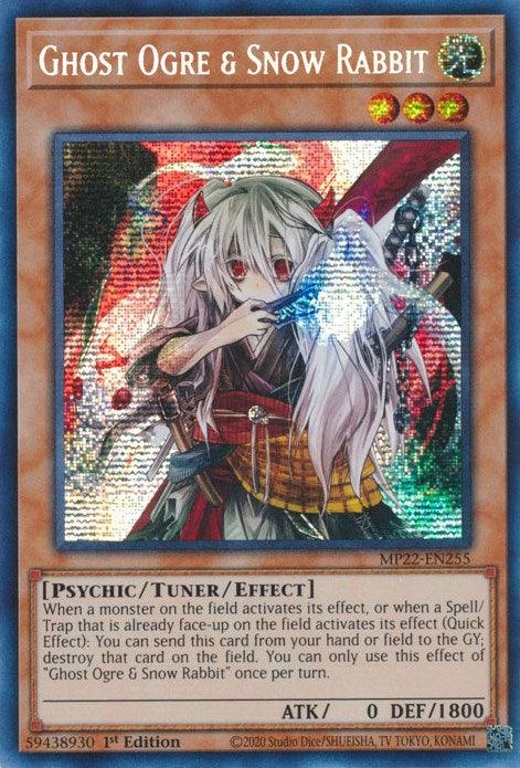 A "Yu-Gi-Oh!" trading card named Ghost Ogre & Snow Rabbit [MP22-EN255] Prismatic Secret Rare, a Tuner/Effect Monster featured in the 2022 Tin of the Pharaoh's Gods. It showcases an anime-style character with white hair and red eyes, holding a scroll with glowing symbols. The holographic overlay gives it a Prismatic Secret Rare finish, while descriptive text and stats are at the bottom.
