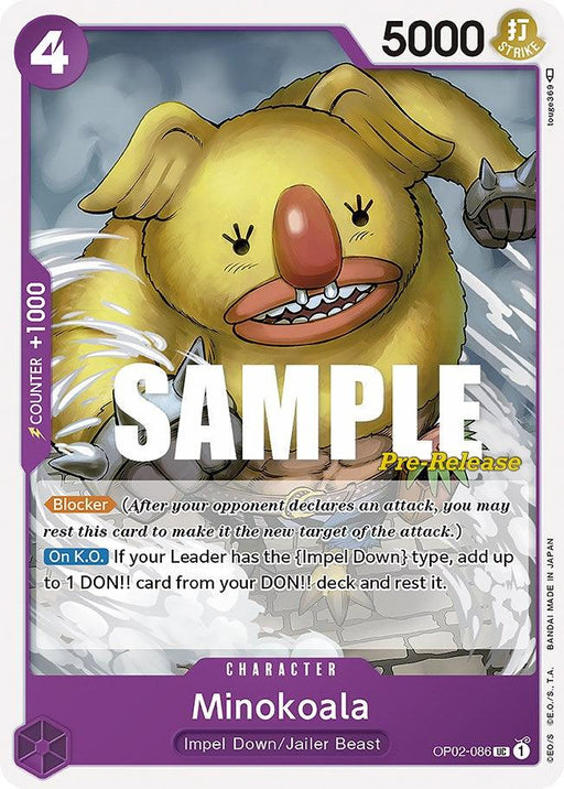 Image of the trading card "Minokoala [Paramount War Pre-Release Cards]" from Bandai's One Piece Card Game, an Uncommon Character featured in the Paramount War Pre-Release Cards. The anthropomorphic yellow koala with large ears and a beak stands in water, clad in a prisoner outfit. It boasts 5000 power, a counter of 1000, and a cost of 4 as a "Blocker.