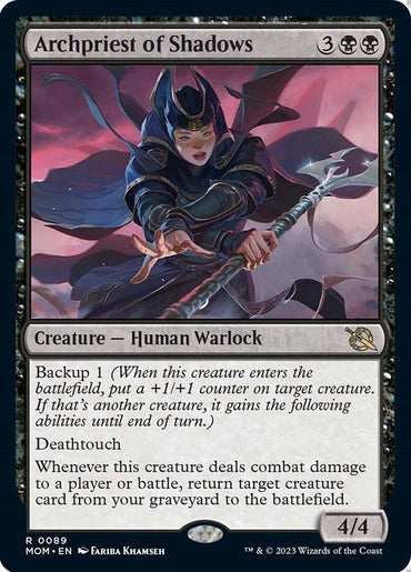 A Magic: The Gathering card named "Archpriest of Shadows [March of the Machine]" with black and gray bordering. The card depicts a regal human warlock holding a staff, surrounded by dark magic. This 4/4 creature with deathtouch boasts special abilities like "Backup 1" and the power to return creature cards from the graveyard.