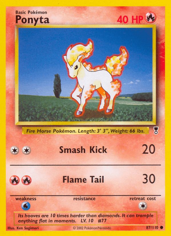 An illustration of the Ponyta (87/110) Pokémon card from the Legendary Collection. The white, fiery horse Ponyta is centered on the card with 40 HP. It features two attacks: Smash Kick (20) and Flame Tail (30). Key details include its length (3'3