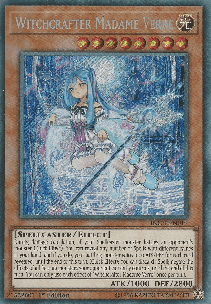 A Yu-Gi-Oh! Witchcrafter Madame Verre [INCH-EN019] Secret Rare, a Secret Rare Effect Monster, features a blue-haired, staff-wielding spellcaster woman in a gown. Her attributes and card text are visible, explaining her special abilities. The card is 1st Edition with ATK 1000 and DEF 2800, ID number INCH-EN019.