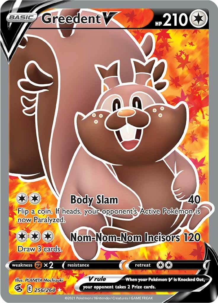 A Pokémon trading card from the Sword & Shield: Fusion Strike set (256/264) features the Ultra Rare Greedent V with 210 HP. This Colorless, brown, squirrel-like creature with large cheeks and a fluffy tail is depicted against a background of autumn leaves. Its moves include 