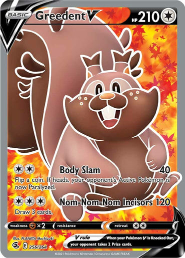 A Pokémon trading card from the Sword & Shield: Fusion Strike set (256/264) features the Ultra Rare Greedent V with 210 HP. This Colorless, brown, squirrel-like creature with large cheeks and a fluffy tail is depicted against a background of autumn leaves. Its moves include "Body Slam" (40 damage) and "Nom-Nom-Nom Incisors" (120 damage). The card is illustrated by PLANETA Mochizuki.
