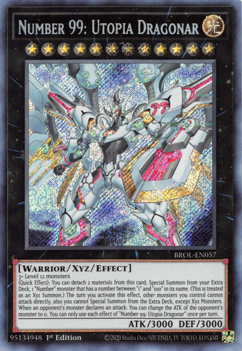 The image is a Secret Rare Yu-Gi-Oh! trading card named "Number 99: Utopia Dragonar [BROL-EN057] Secret Rare." It features an armored, winged warrior brandishing a sword and shield with a cosmic background. This Brothers of Legend Xyz/Effect Monster has an ATK of 3000 and DEF of 3000. Card number BROL-EN057.
