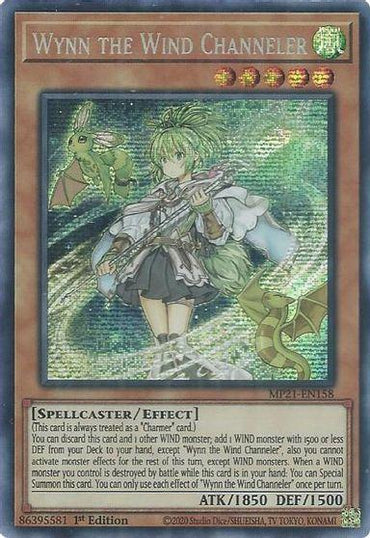 The Yu-Gi-Oh! trading card Wynn the Wind Channeler [MP21-EN158] Prismatic Secret Rare features a spellcaster with long green hair, dressed in a matching outfit and wielding a staff. Accompanied by a green dragon and wind effects, this WIND monster showcases an ATK of 1850 and DEF of 1500.