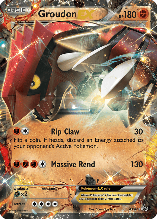 A Pokémon Groudon EX (XY42) [XY: Black Star Promos] card with 180 HP. The card features an image of Groudon, a dinosaur-like creature with red armor and glowing eyes. It has attacks: "Rip Claw" (30 damage) and "Massive Rend" (130 damage). This Fighting-type Promo card has weaknesses, resistances, and retreat cost. The background is metallic and fiery.