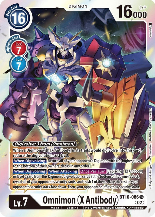 A Super Rare Digimon card featuring "Omnimon (X Antibody) [BT10-086] [Xros Encounter]," a robotic character in blue and white armor wielding a glowing weapon. The card shows stats: Play Cost 16, 16,000 DP, Digivolve Cost Lv. 6 (7 from Omnimon), and Lv. 7. Text details abilities linked to "X Antibody" and attacking techniques