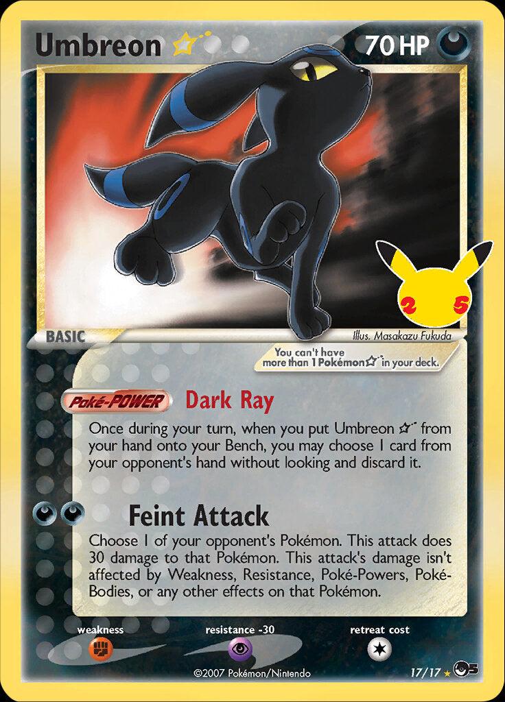 A Pokémon trading card featuring Umbreon (17/17) (Star) [Celebrations: 25th Anniversary - Classic Collection] from the Pokémon collection. This ultra rare card has 70 HP and uses a dark type. The art shows a black, fox-like creature with yellow rings on its ears, tail, and legs, standing on all fours. It includes the abilities 