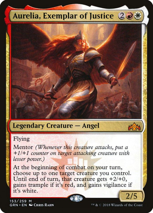 A Magic: The Gathering card for "Aurelia, Exemplar of Justice [Guilds of Ravnica]." This mythic, legendary creature features a powerful angel with a sword, clad in silver armor with red and gold accents. It has Flying and Mentor abilities, and can grant a creature +2/+0, vigilance, and trample. It costs 2 generic, 1 red, and 1 white mana.