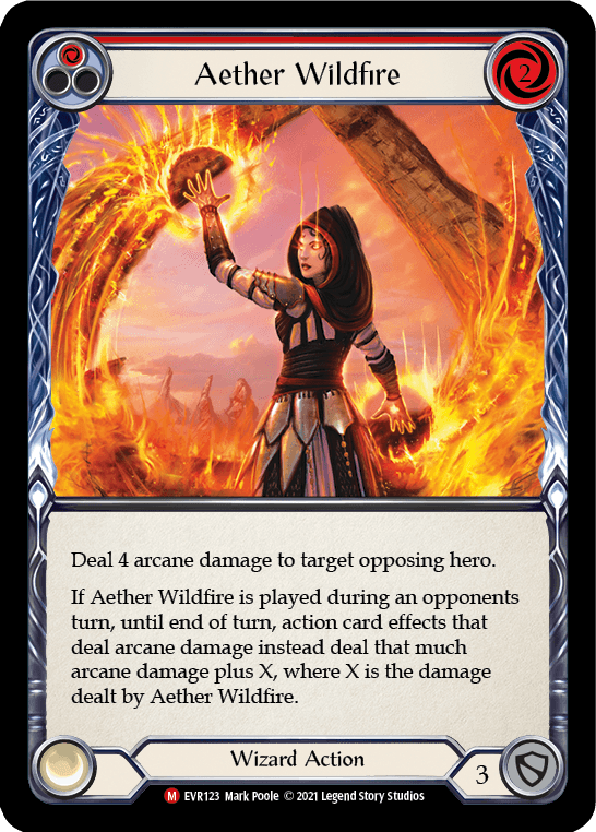 A trading card titled "Aether Wildfire [EVR123] (Everfest) 1st Edition Rainbow Foil" from Flesh And Blood shows a majestic woman in a medieval-style outfit casting a spell with fire surrounding her raised hand. The details include "Wizard Action," "Deal 4 arcane damage to target opposing hero," and additional text about effects during an opponent's turn.