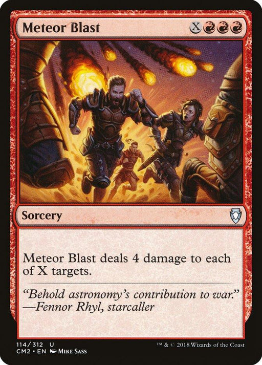 A Magic: The Gathering card Meteor Blast [Commander Anthology Volume II] from Magic: The Gathering shows two armored characters fleeing from falling meteors. It costs 1 red mana plus 3 colorless mana. As a Sorcery, its rules text states, "Meteor Blast deals 4 damage to each of X targets.