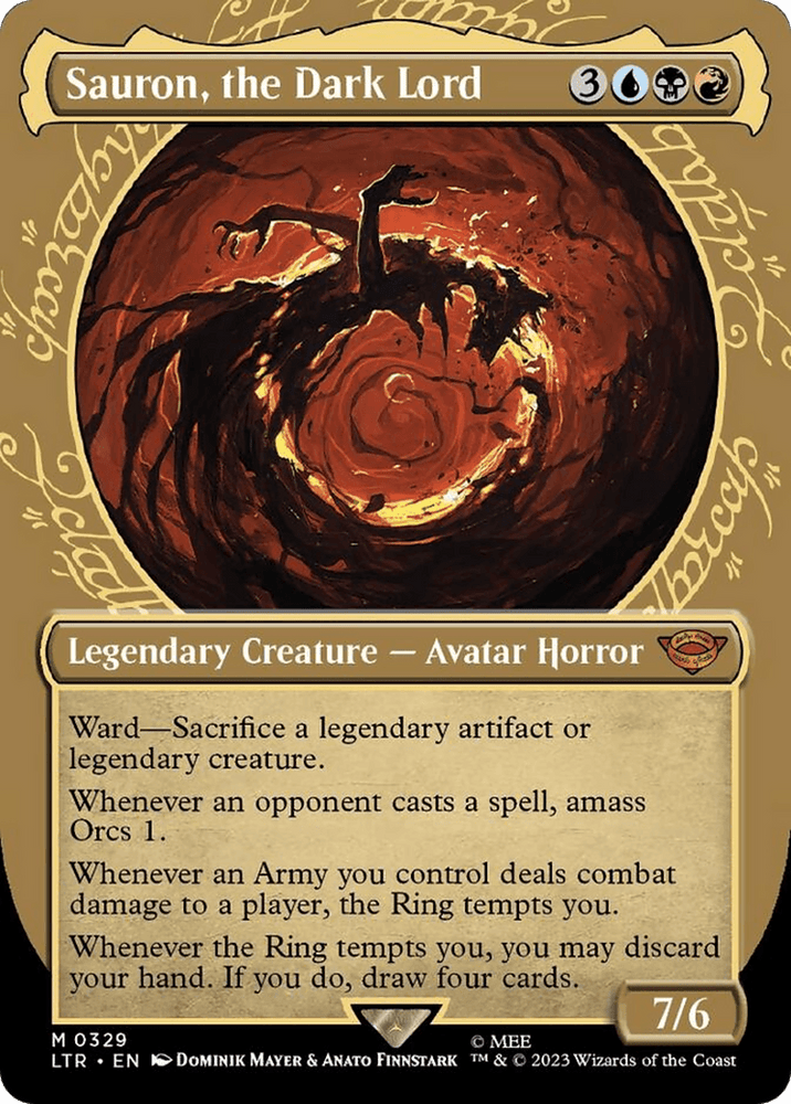 A Magic: The Gathering card titled "Sauron, the Dark Lord (Showcase Ring Frame) [The Lord of the Rings: Tales of Middle-Earth]." It features artwork of Sauron as a fiery, shadowy figure with glowing yellow eyes against a dark, fiery background. This Mythic Rarity card is a Legendary Creature - Avatar Horror with 7/6 power and toughness, featuring abilities like ward and draw cards. Decorated with an elegant gold frame indicative of Magic: The Gathering.