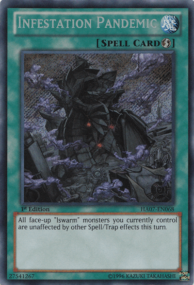 An image of the Yu-Gi-Oh! product Infestation Pandemic [HA07-EN068] Secret Rare. The artwork shows a dark, foreboding scene with an ominous robotic figure standing amidst swirling clouds and lightning. The card's text reads: "All face-up 'lswarm' monsters you currently control are unaffected by other Spell/Trap effects this turn.