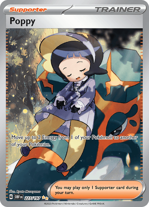 A Special Illustration Rare Pokémon Trainer card featuring Poppy with short dark hair, dressed in a light purple coat and black tie, resting peacefully against an Obsidian Flames-inspired background. The card details moving up to two energy from one Pokémon to another and playing only one supporter card per turn is Poppy (227/197) [Scarlet & Violet: Obsidian Flames] by Pokémon.